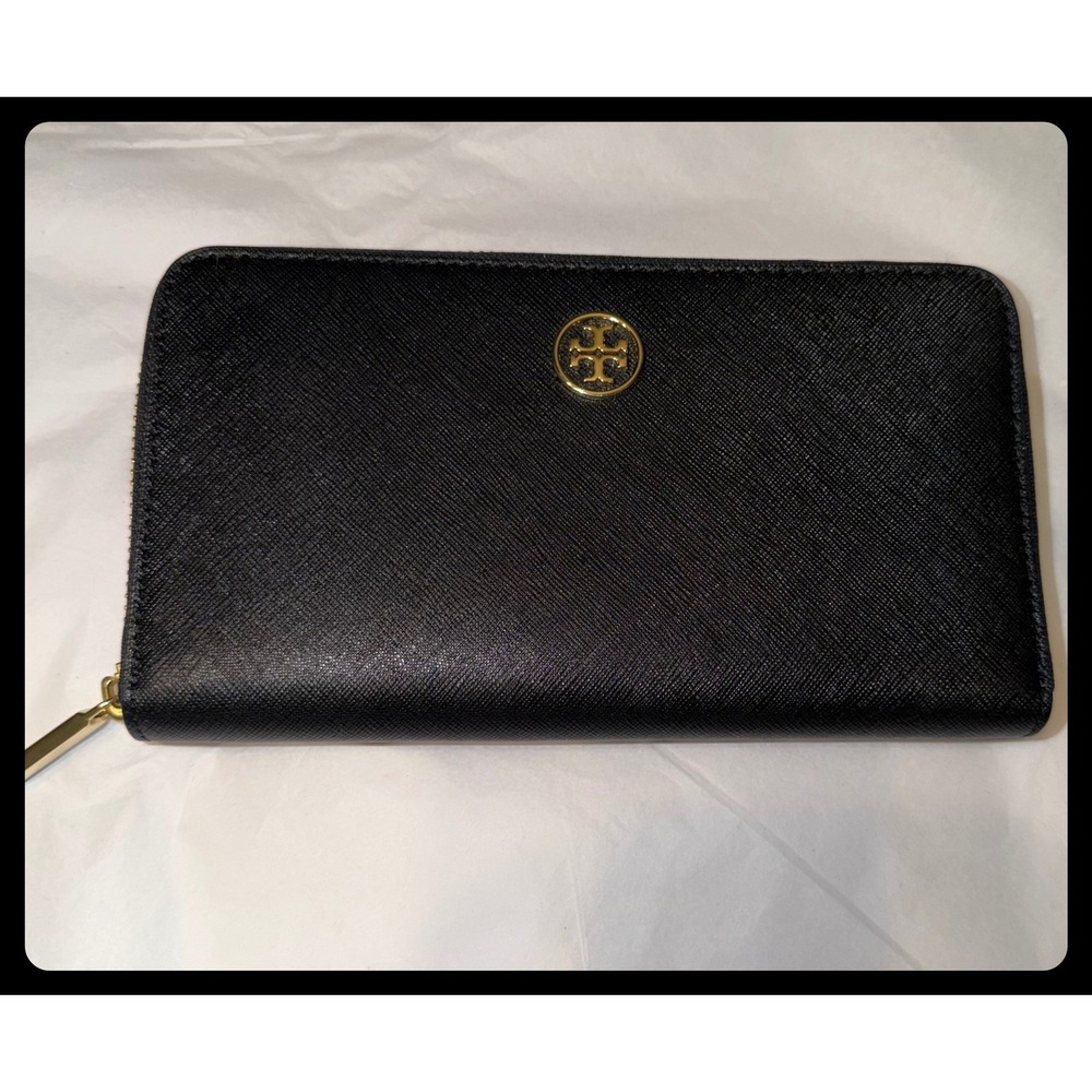 Tory Burch Continental Wallet Womens Robinson Black Saffiano Leather Zip Around